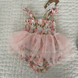 NWT Angel Dear Cotton Muslin Pink Floral Smocked Tulle One Piece 6-12M